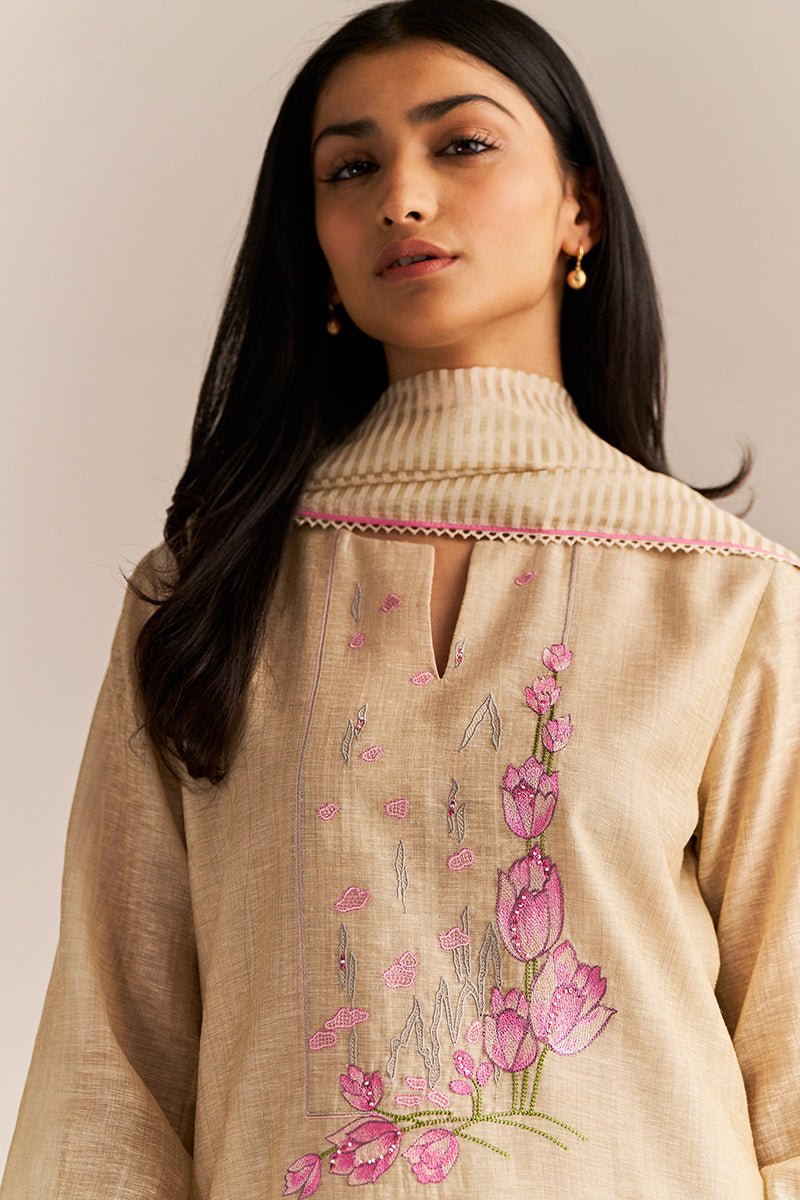 Beige and Pink Woven Kurta Set