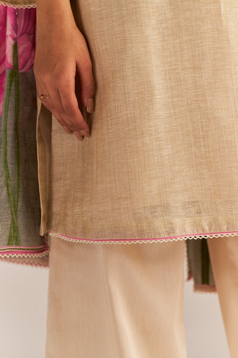 Beige and Pink Woven Kurta Set