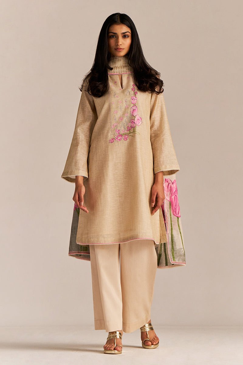 Beige and Pink Woven Kurta Set