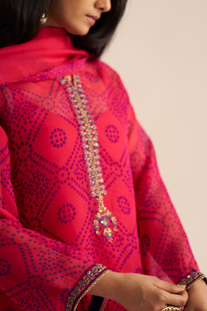 Beetroot Purple Kora Silk Bandhani Kurta Set